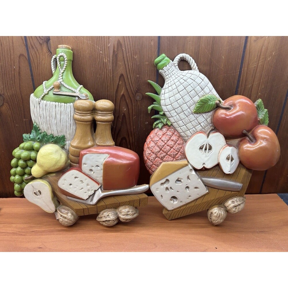 Pair Burwood Vtg 1977 Wine Cheese Charcuterie Board Wall Hanging Plastic Decor